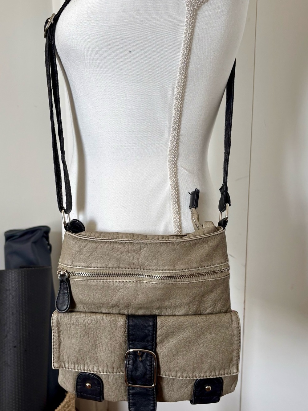 Joy Susan Taupe and Black Crossbody Bag